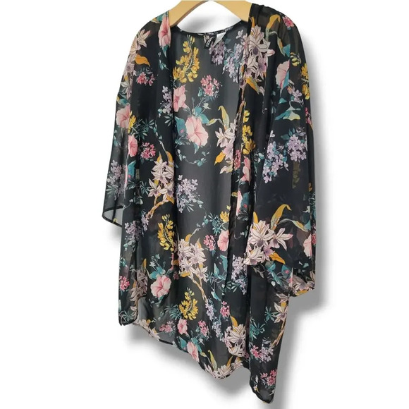 Divided by H&M women's black floral 3/4 sleeves open front cardigan kimono - Picture 4 of 8